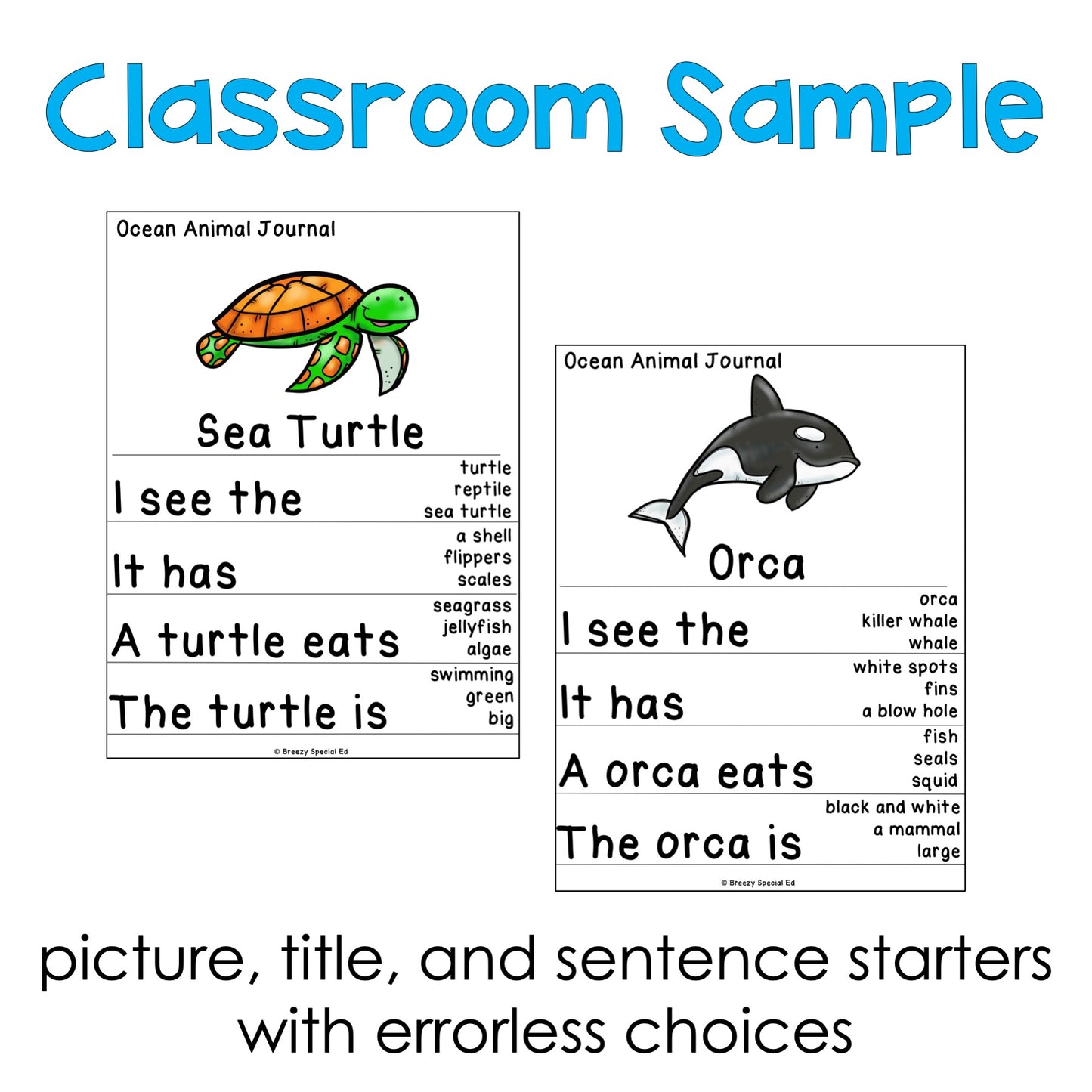 Ocean Animals Differentiated Errorless Journal Writing for Special Education and Autism