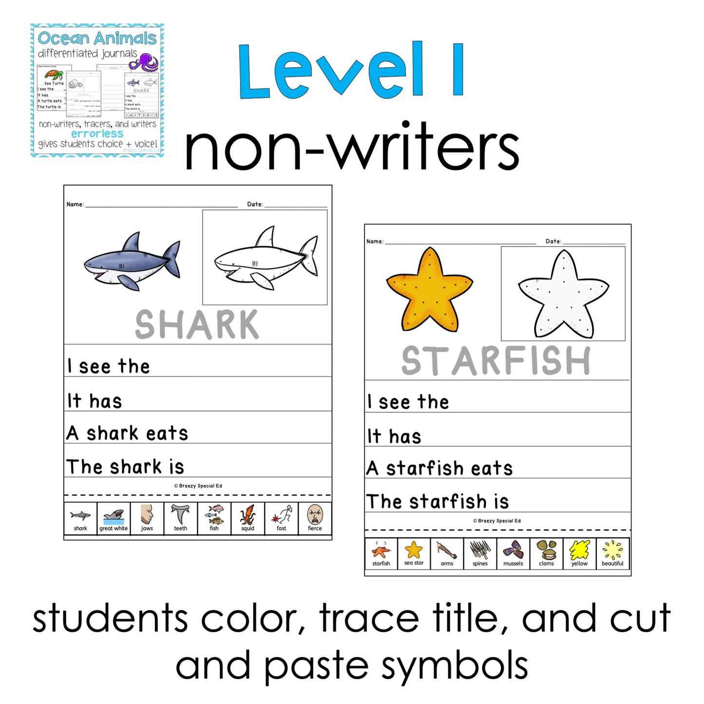 Ocean Animals Differentiated Errorless Journal Writing for Special Education and Autism