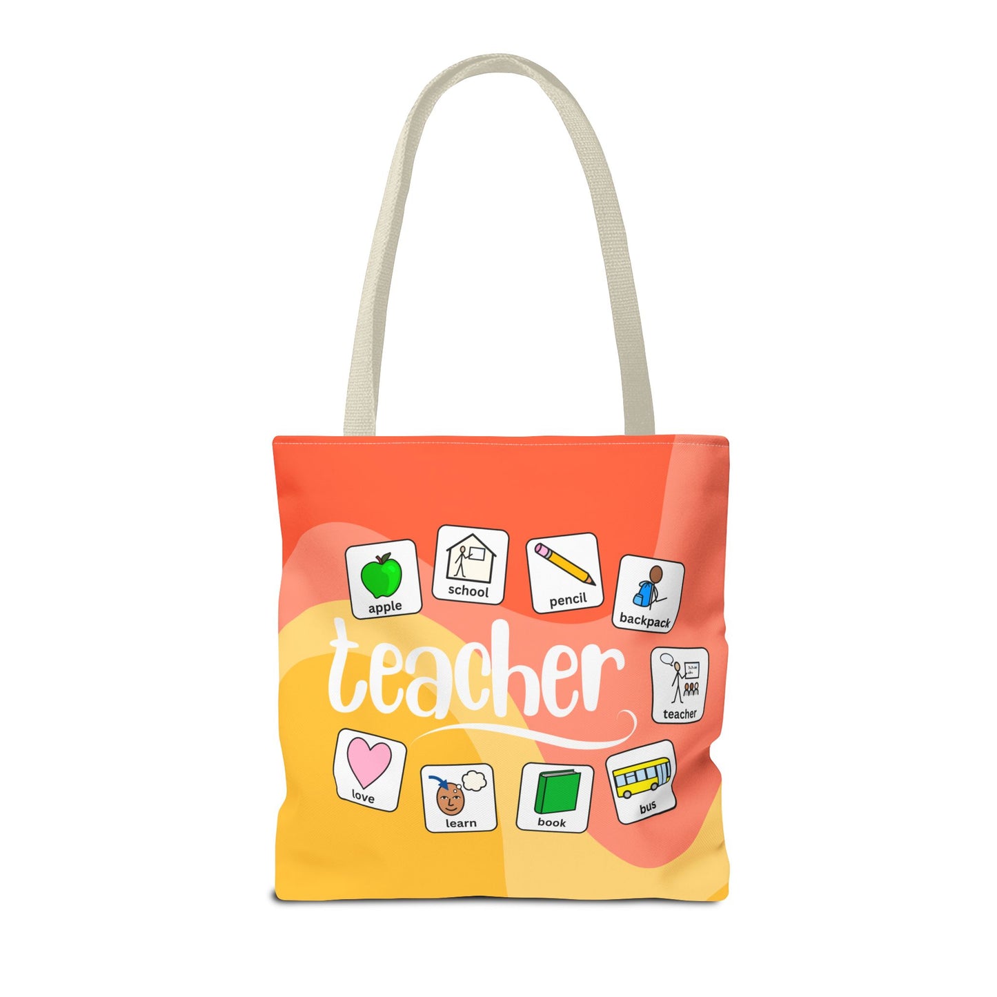 Tote bag with 'teacher' text and AAC symbol icons on a white background