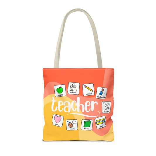Tote bag with 'teacher' text and AAC symbol icons on a white background