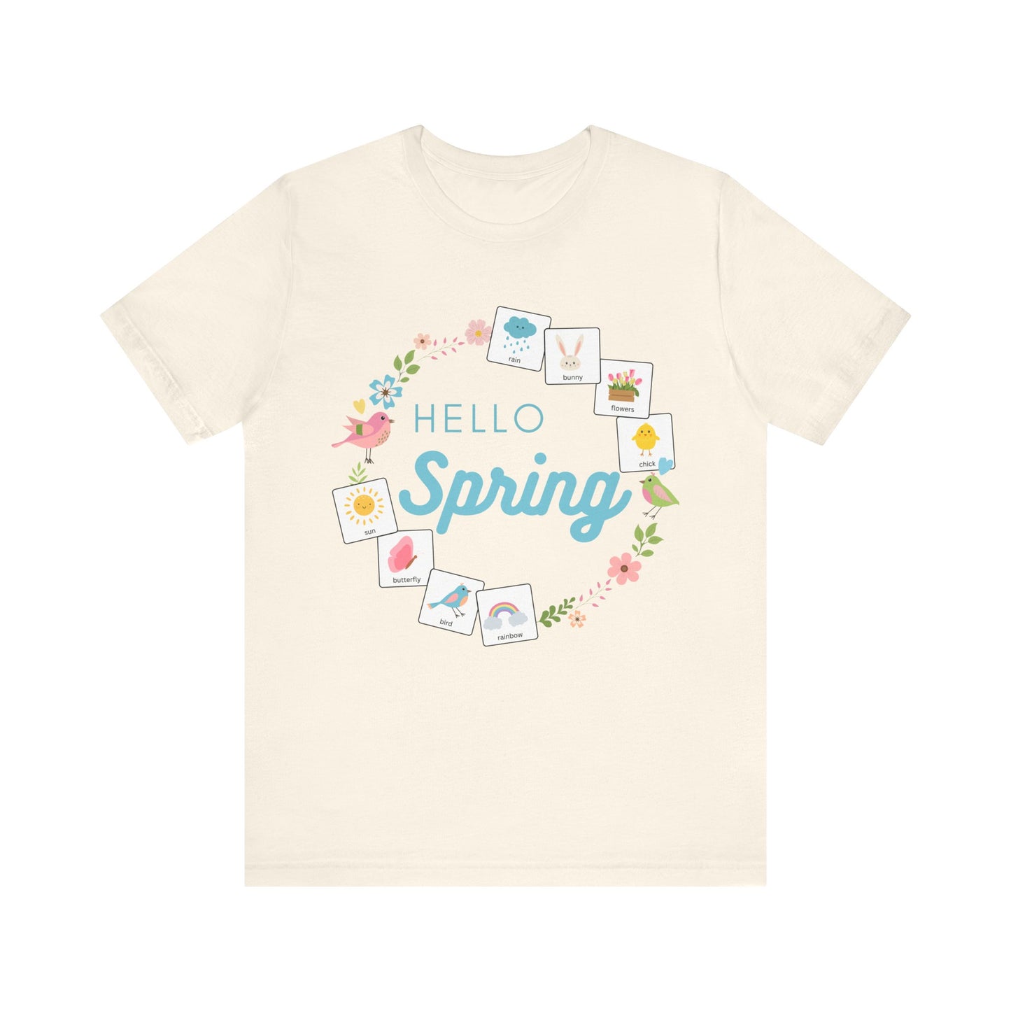 Cream tshirt that says "hello spring" and includes a flower border and 8 symbol cards commonly used with AAC and special education