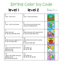 Spring Money Identification and Next Dollar Up Life Skill Math Color by Code