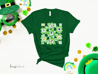 Kelly green shirt with 7 shamrocks and inside the shamrocks are PECS - visual cards with symbols that describe St. Patrick's Day words - great for special education teachers, SLPs, BCBAS and anyone who uses AAC