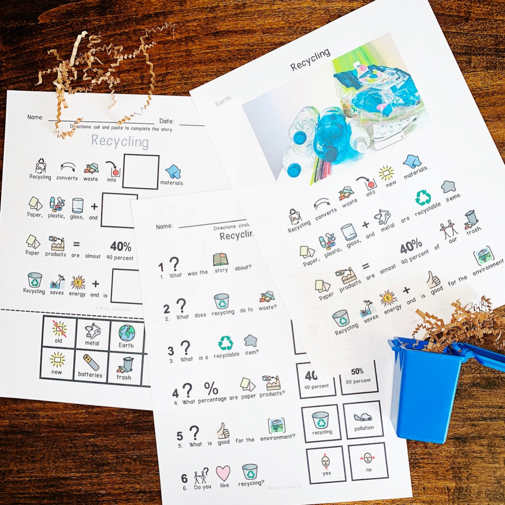 Special education recycling worksheets with symbol support and real pictures 