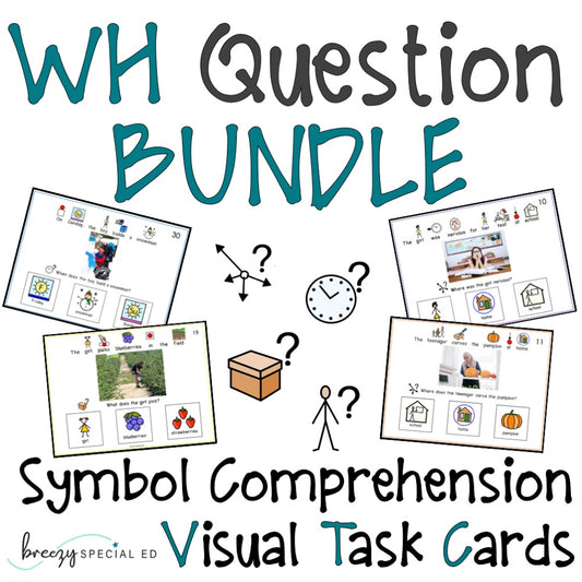 WH Question Visual Task Card Bundle symbol reading comprehension for special ed