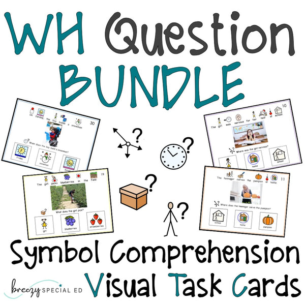 WH Question Visual Task Card Bundle symbol reading comprehension for special ed