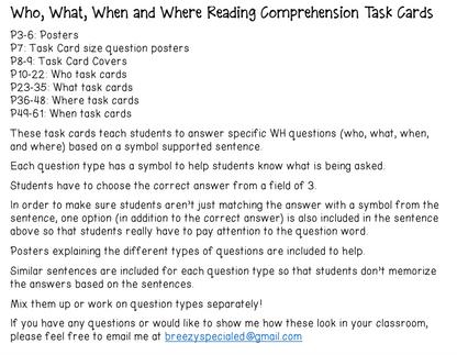 WH Questions Visual Task Cards with Symbols (Autism and Special Education)