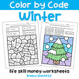 Winter Color by Code life skill math worksheets for special education 