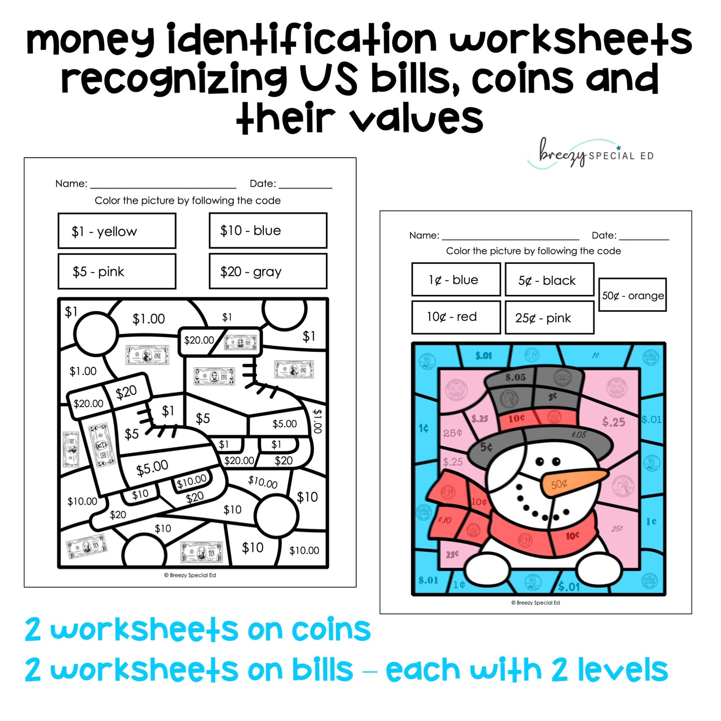Winter Money Identification and Next Dollar Up Life Skill Math Color by Code