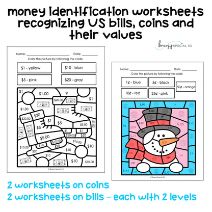 Winter Money Identification and Next Dollar Up Life Skill Math Color by Code