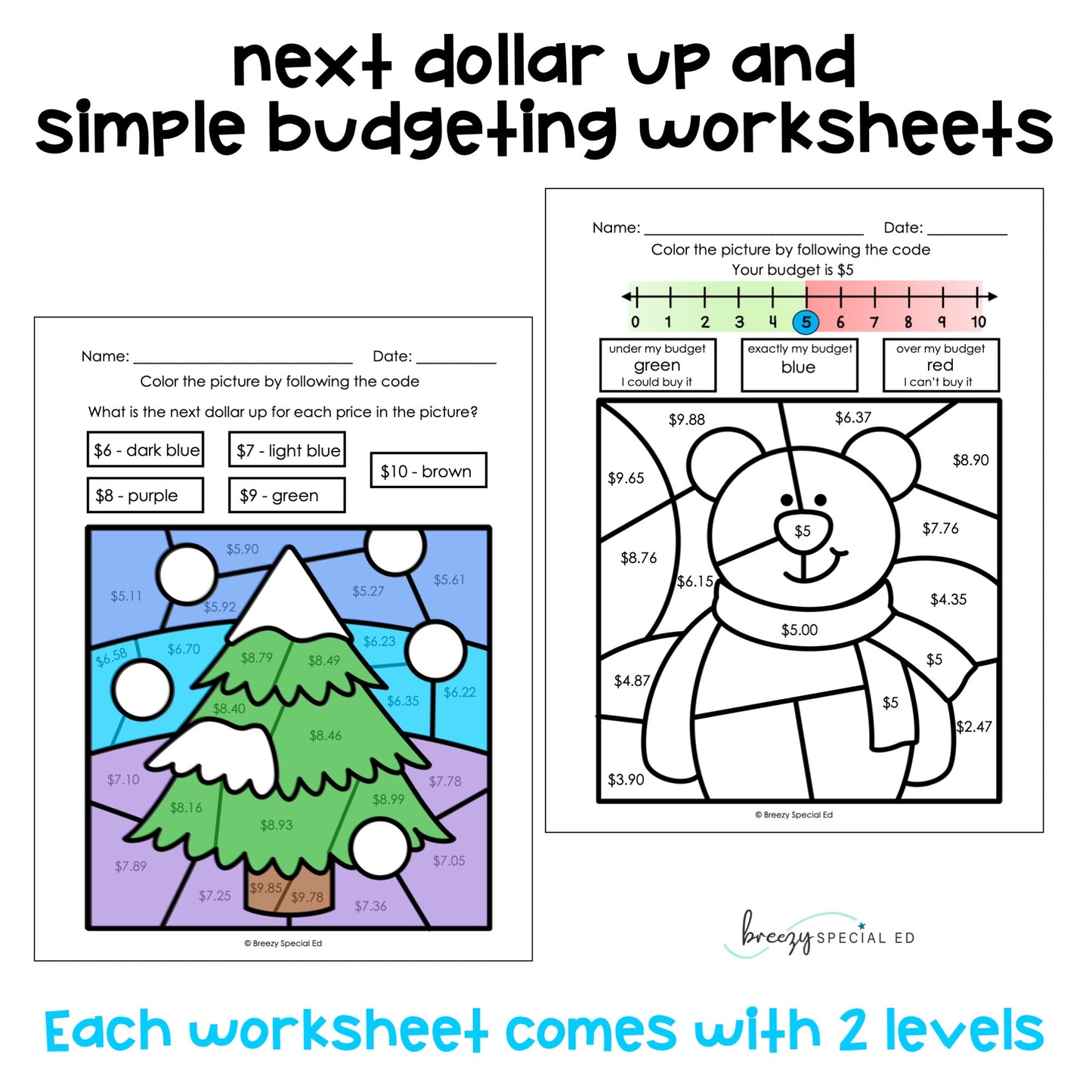 Winter Money Identification and Next Dollar Up Life Skill Math Color by Code