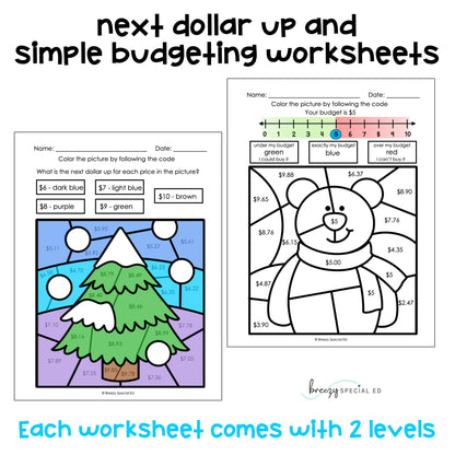 Winter Money Identification and Next Dollar Up Life Skill Math Color by Code