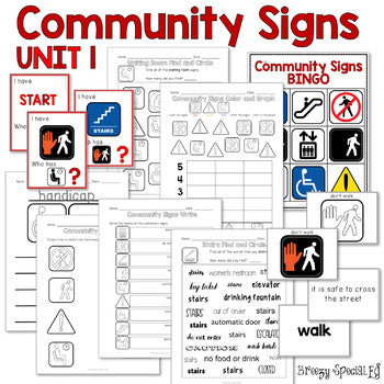 Unit of special education materials related to community signs, including worksheets, flashcards, and game cards, with a focus on safety and environmental print.