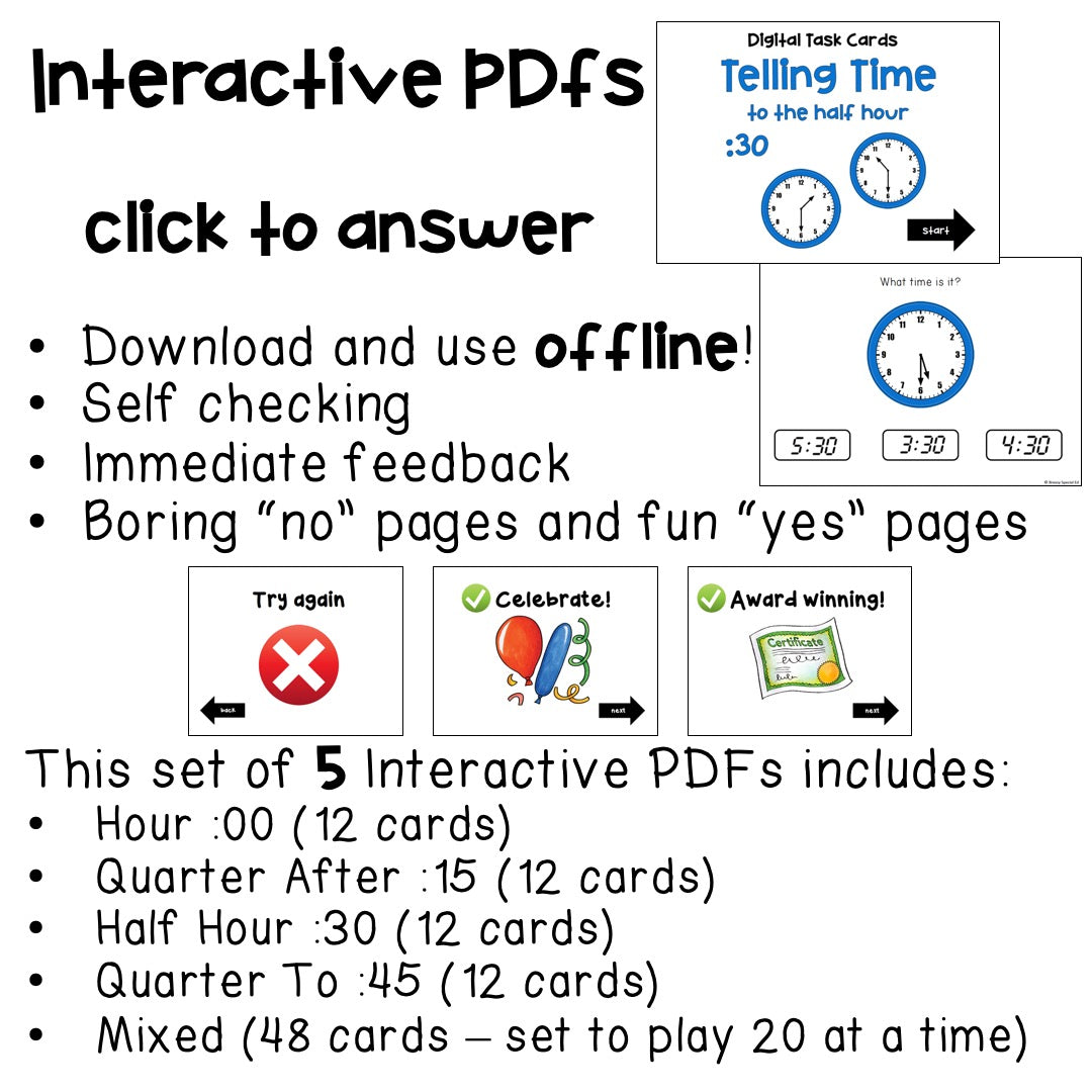 Digital ⋅ Telling Time ⋅ Interactive PDFs, Boom Cards, and Quiz