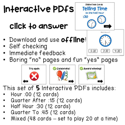 Digital ⋅ Telling Time ⋅ Interactive PDFs, Boom Cards, and Quiz