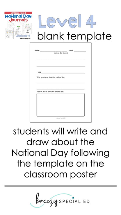 National Days January Differentiated Journals for special education