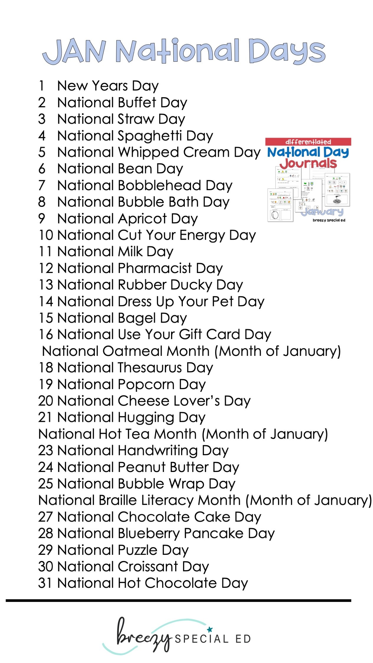 National Days January Differentiated Journals for special education
