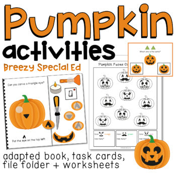 Pumpkin Jack-O-Lantern adapted book, task cards, and Halloween activities for special education featuring various printed materials with pumpkin graphics.