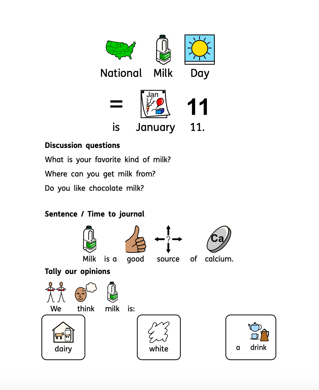 National Days January Differentiated Journals for special education