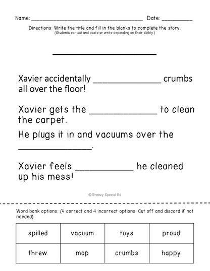 Household Chores - Easy Reading Comprehension for Special Education