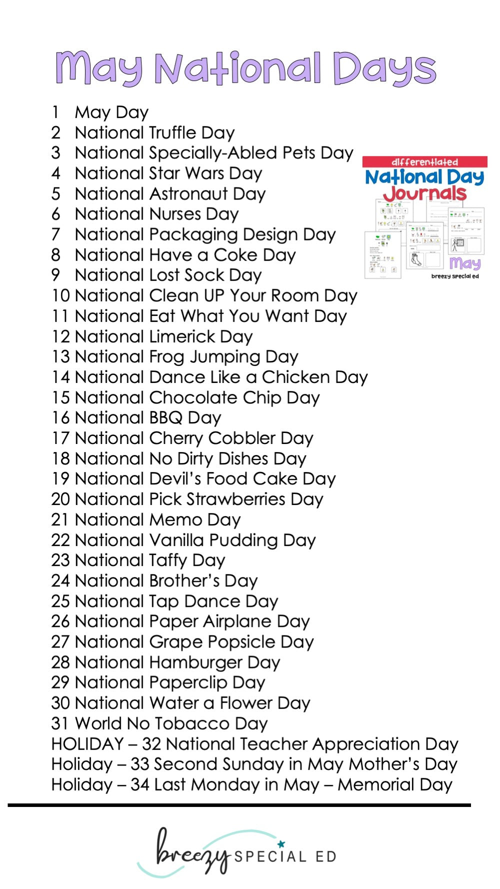 National Days May Differentiated Journals for special education