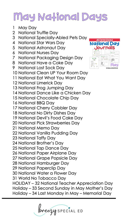 National Days May Differentiated Journals for special education