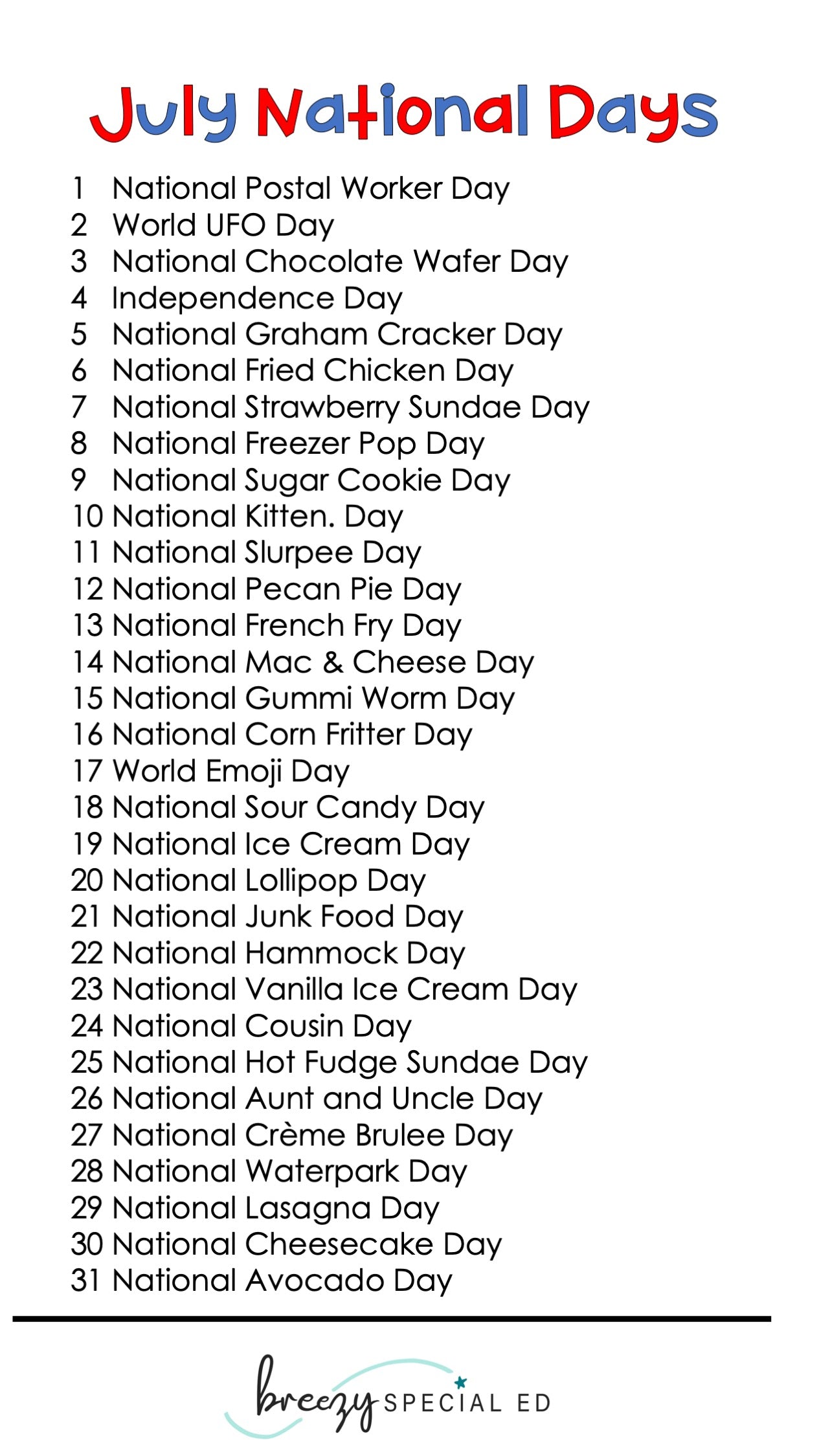 National Days July Differentiated Journals for special education