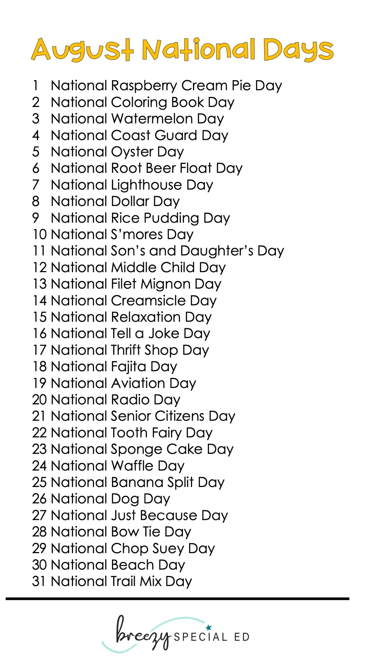 National Days August Differentiated Journals for special education