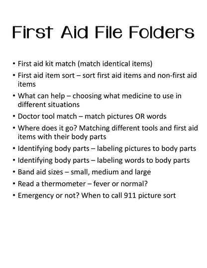 First Aid Life Skill File Folders for Special Education