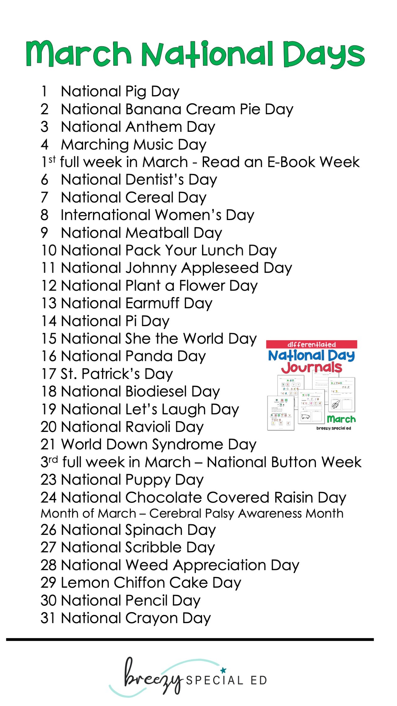 National Days March Differentiated Journals for special education