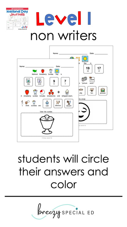 National Days July Differentiated Journals for special education