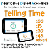 Digital ⋅ Telling Time ⋅ Interactive PDFs, Boom Cards, and Quiz