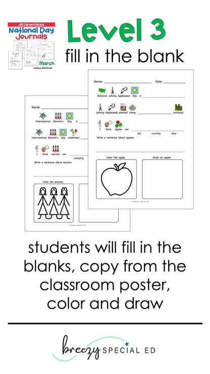 National Days March Differentiated Journals for special education