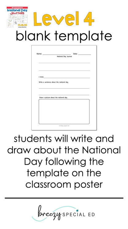 National Days August Differentiated Journals for special education