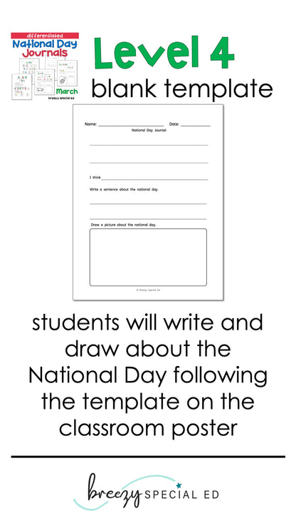 National Days March Differentiated Journals for special education