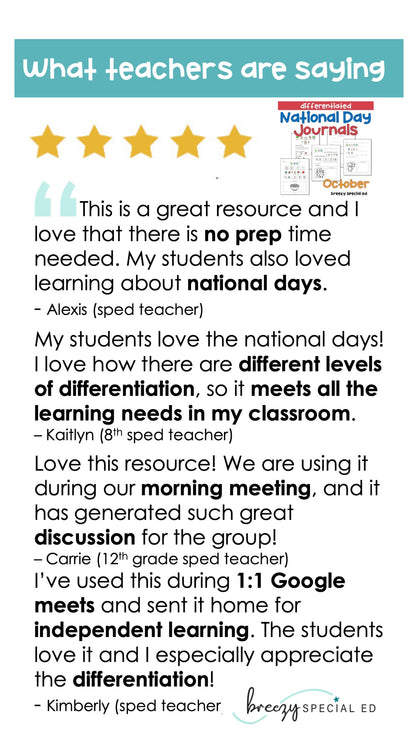 National Days October Differentiated Journals for special education