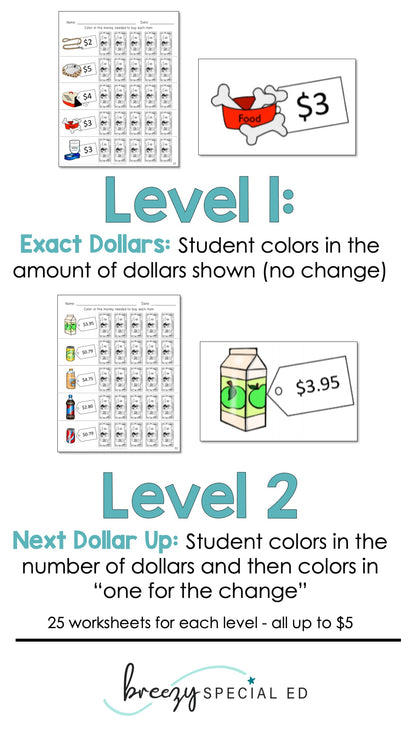 Special Education Next Dollar Up Money Color In Worksheets
