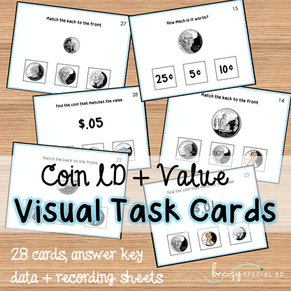 Coin Identification and Value Task Cards for autism and special education