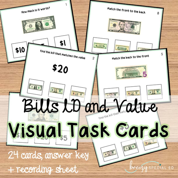 Dollar Bill Identification and Value Task Cards for autism and special education