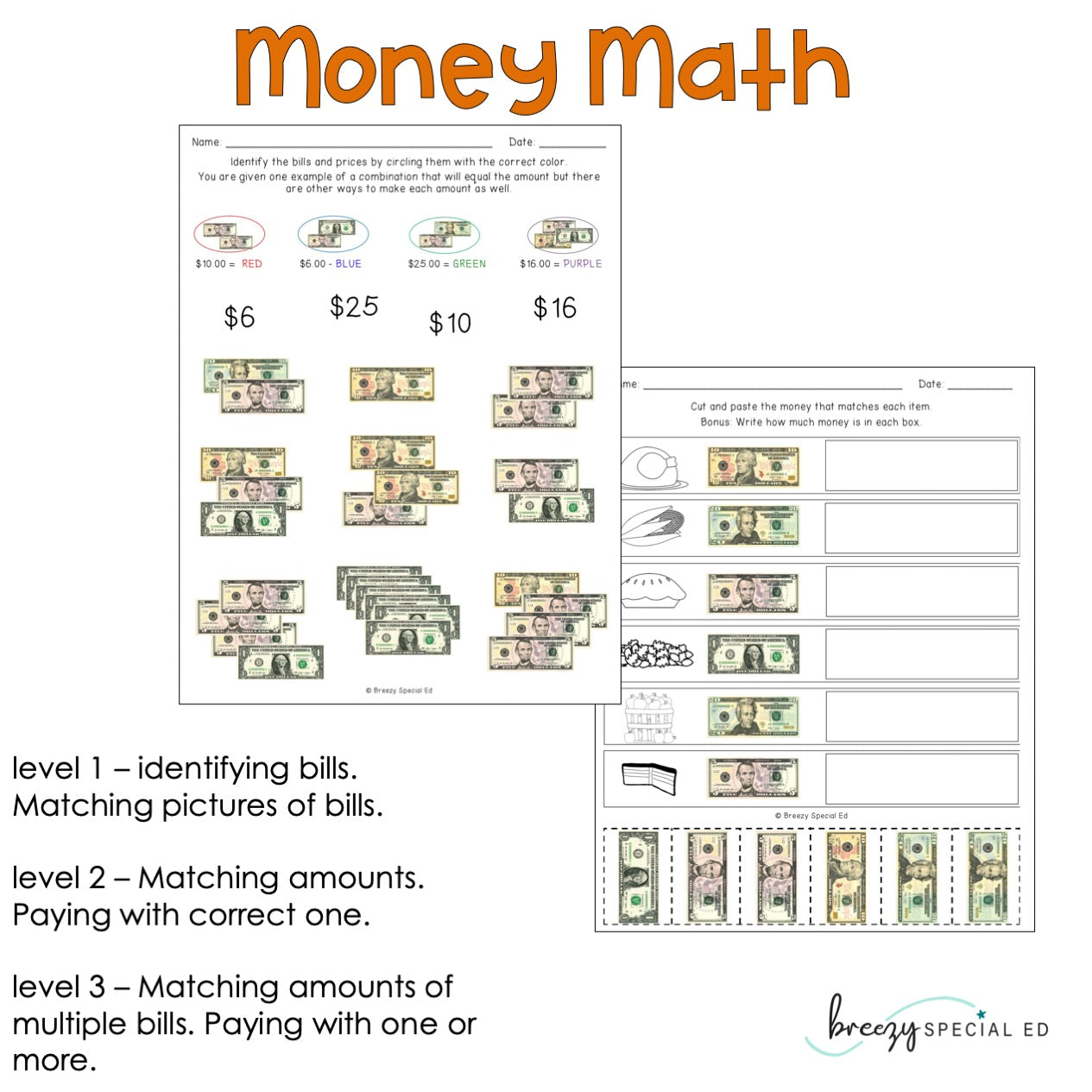 Differentiated Life Skill Math Pack: Thanksgiving (special education)