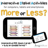 More or Less Digital Task Cards Interactive PDF and Boom Cards