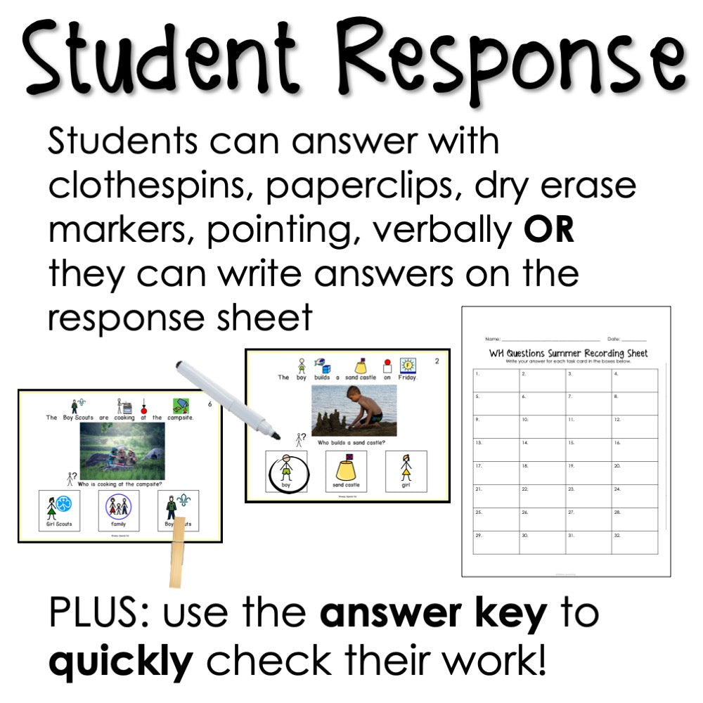 WH Questions Summer task cards for autism and special education