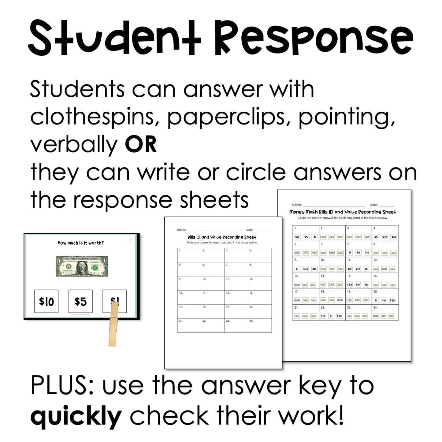 Dollar Bill Identification and Value Task Cards for autism and special education