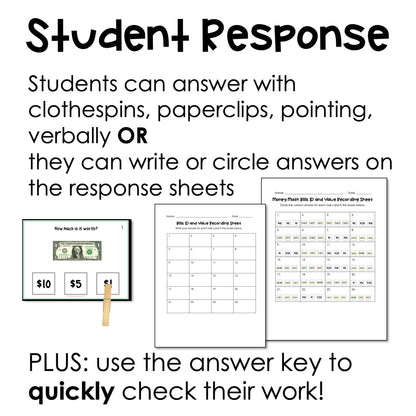 Dollar Bill Identification and Value Task Cards for autism and special education
