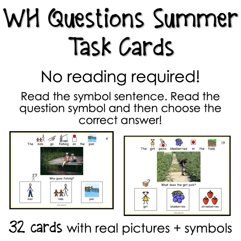 WH Questions Summer task cards for autism and special education