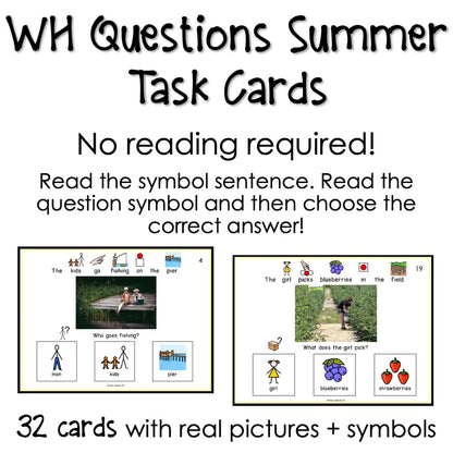 WH Questions Summer task cards for autism and special education