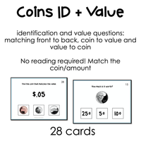 Coin Identification and Value Task Cards for autism and special education