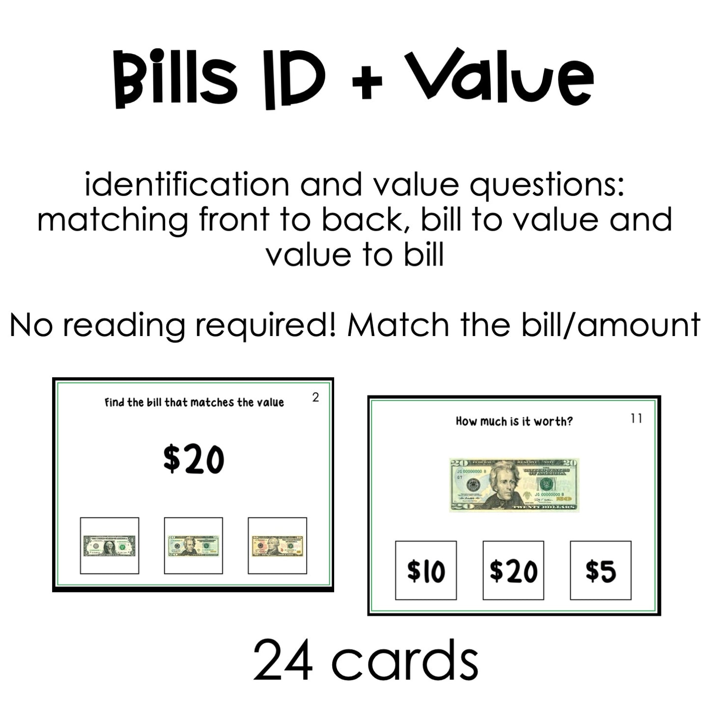 Dollar Bill Identification and Value Task Cards for autism and special education