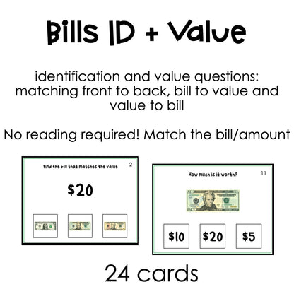 Dollar Bill Identification and Value Task Cards for autism and special education