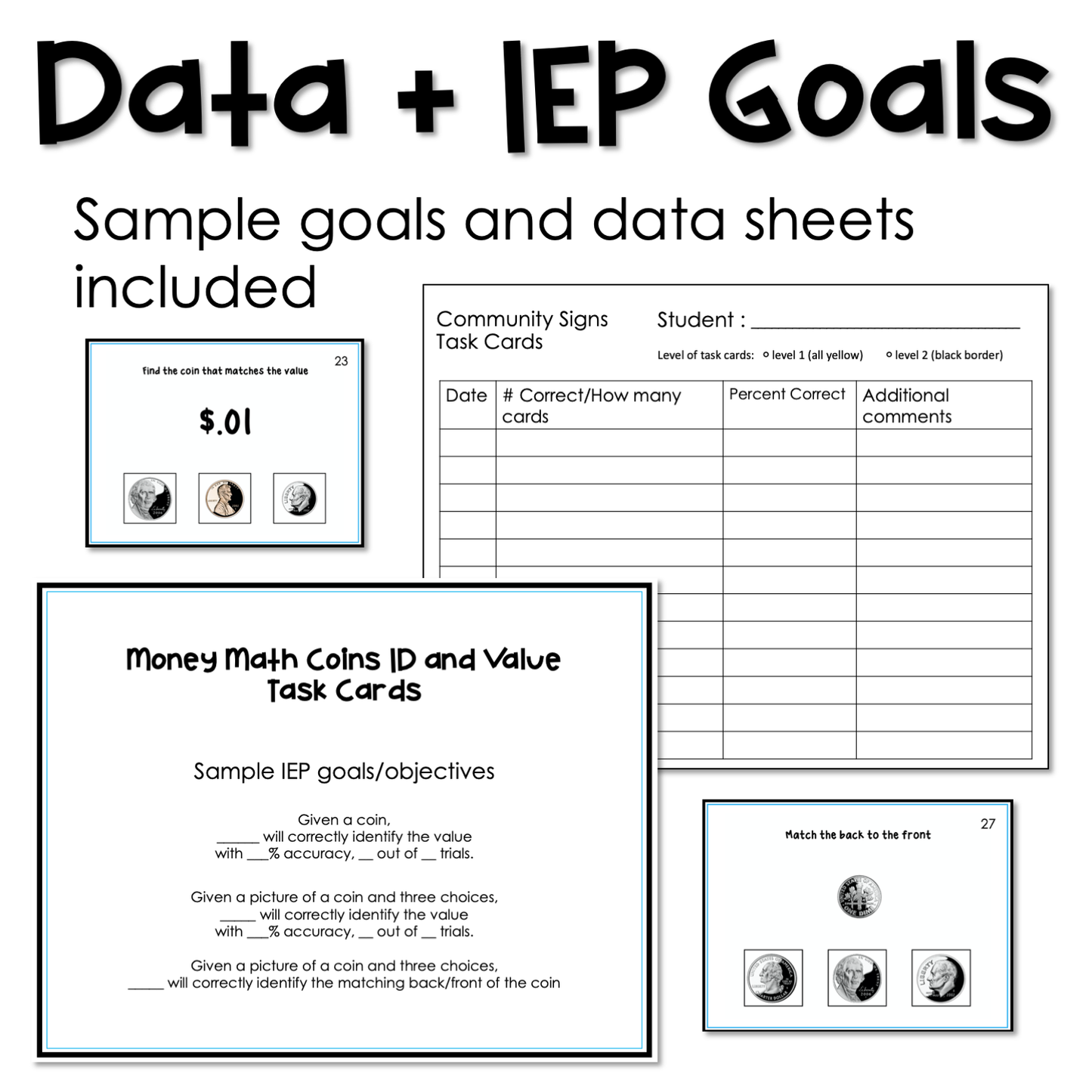 Coin Identification and Value Task Cards for autism and special education